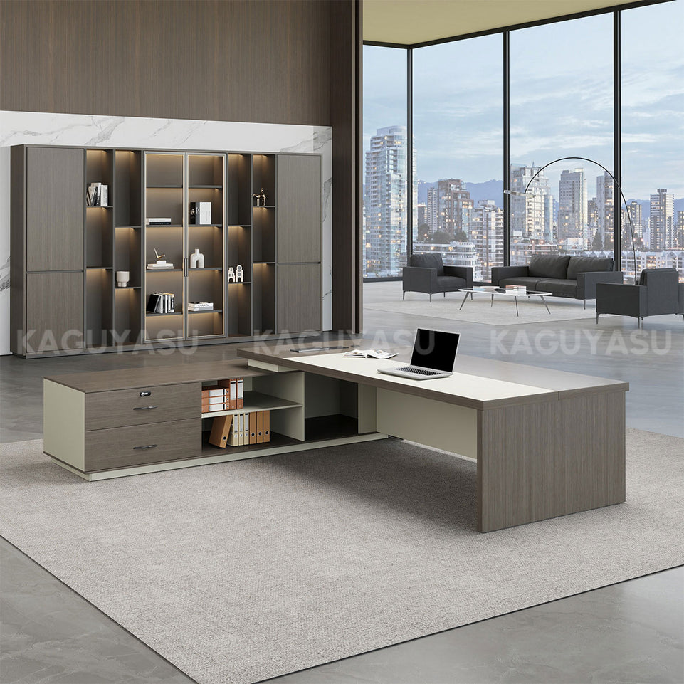 L-Shaped Executive Desk with LED Lighting, Side Storage & Cable Management for Home Office