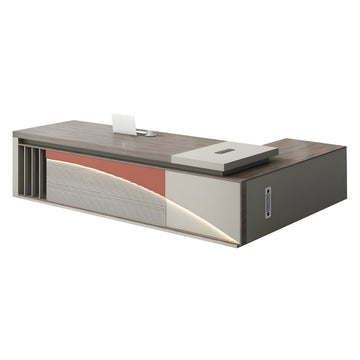 L-Shaped Executive Desk with LED Lighting, Side Storage & Genuine Leather for Home Office