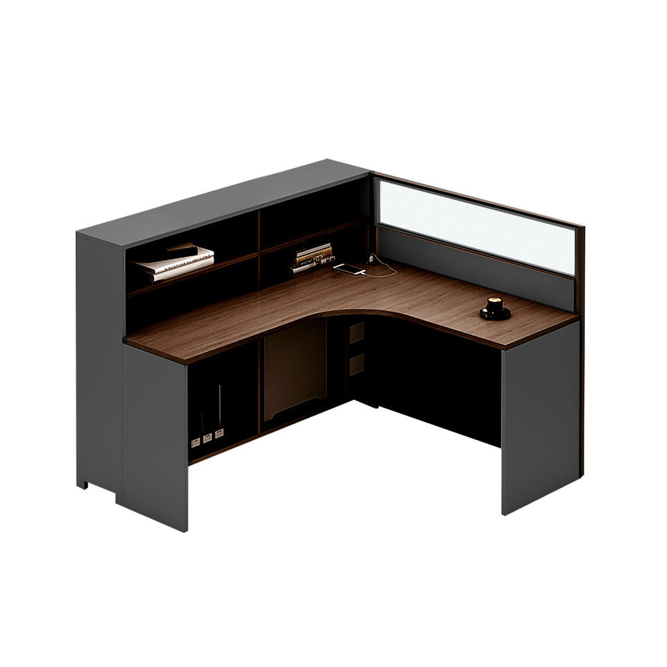 L-Shaped Office Desk with Built-In Outlets, Cable Management & Glass Top for Home Office