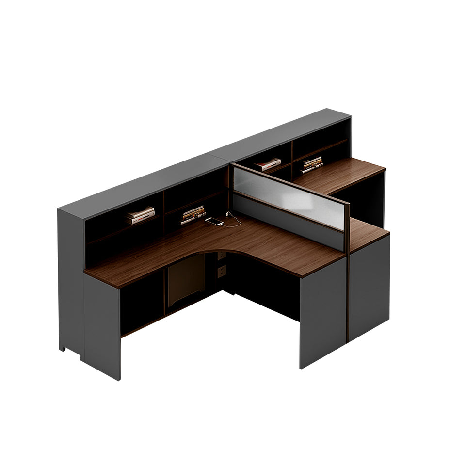 L-Shaped Office Desk with Built-In Outlets, Cable Management & Glass Top for Home Office