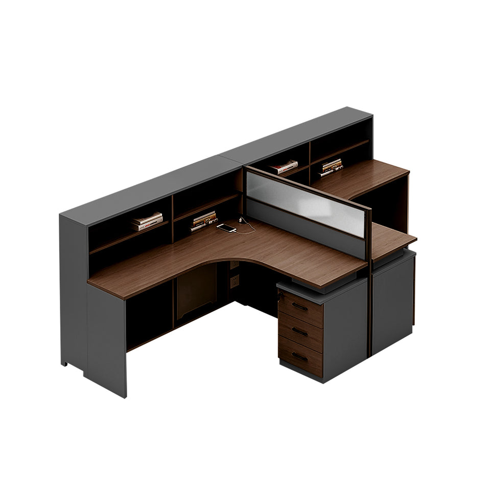 L-Shaped Office Desk with Built-In Outlets, Cable Management & Glass Top for Home Office