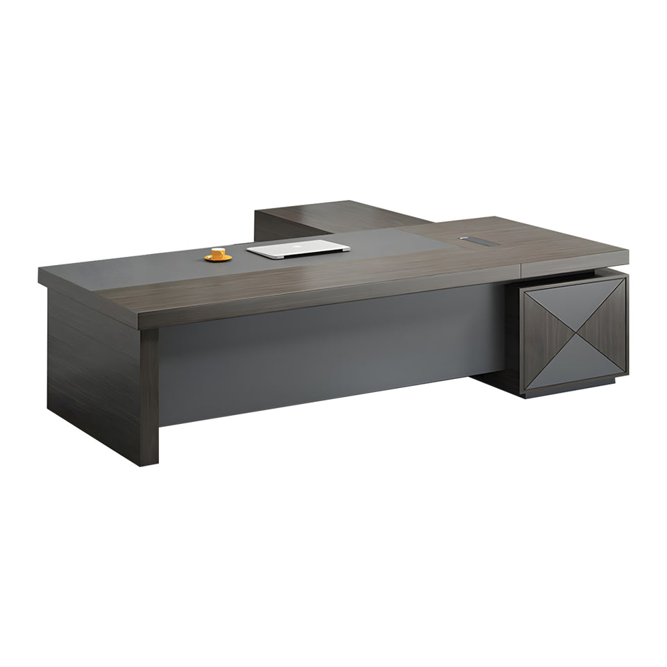 Stylish Ample-Sized Executive Desk Walnut Color L-Shape Corner Desk with Side Cabinet Wiring Box Customizable LBZ-1086