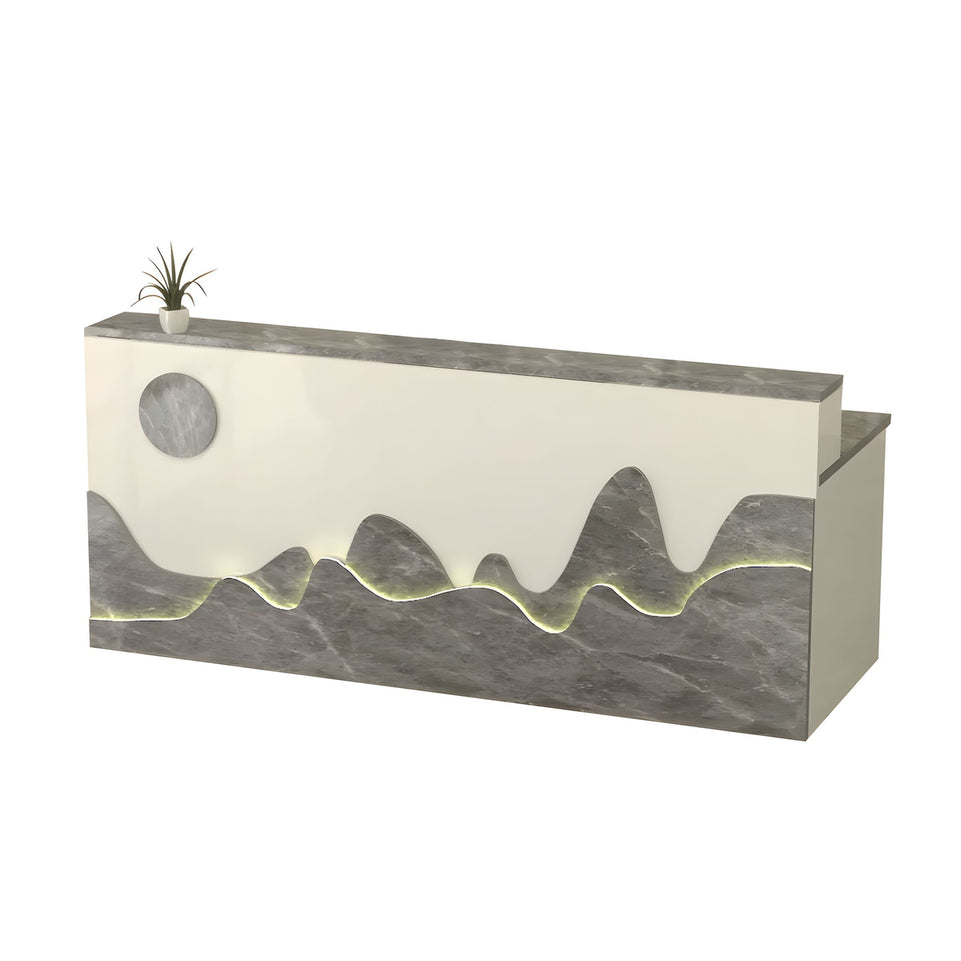 Mountain Pattern Straight Front Desk with Double-Tiered Countertop and Keyboard Tray for Offices and Lobbies JDT-10141