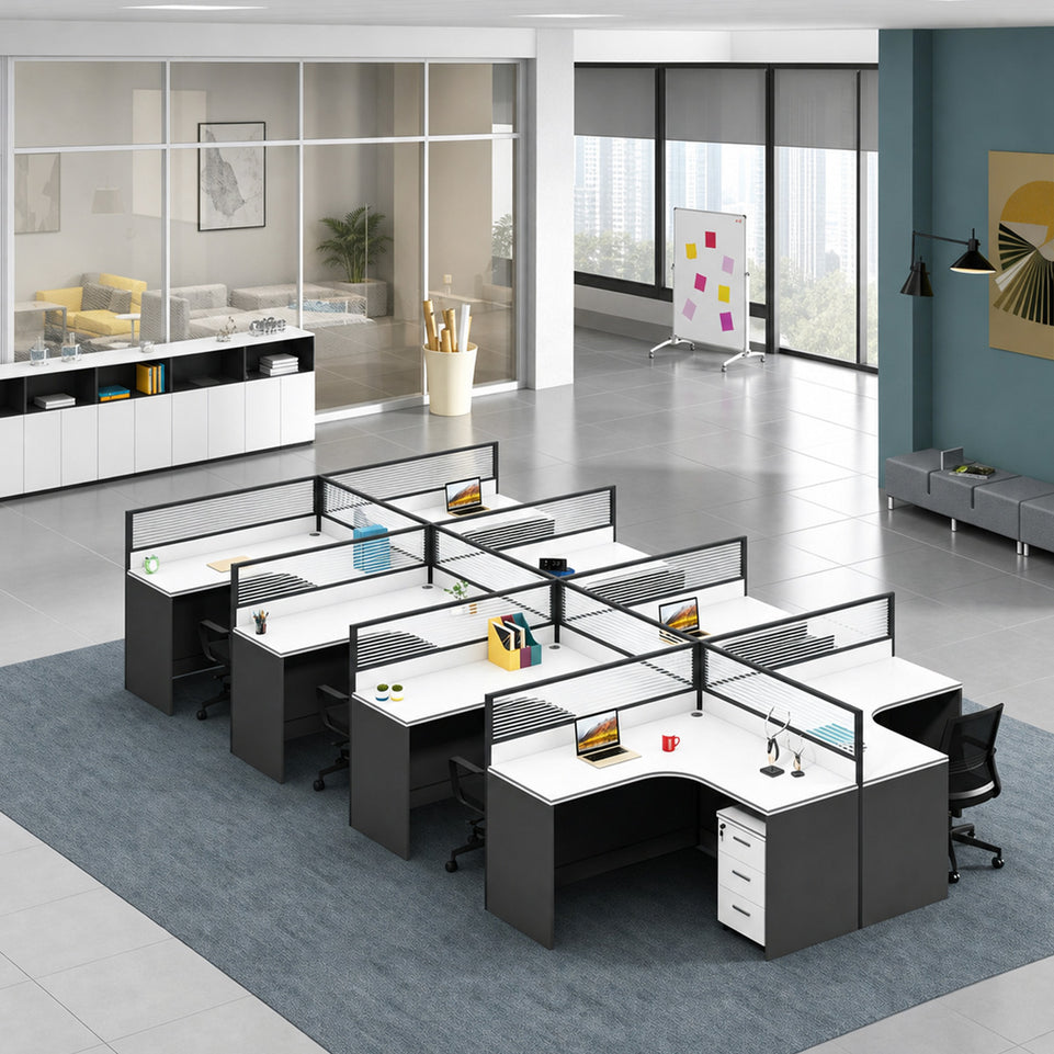 Modern Office Desk with 1" Thick Desktop, Frosted Privacy Panel, Integrated Cable Management & Mobile Storage Cabinet for Professional Workspaces