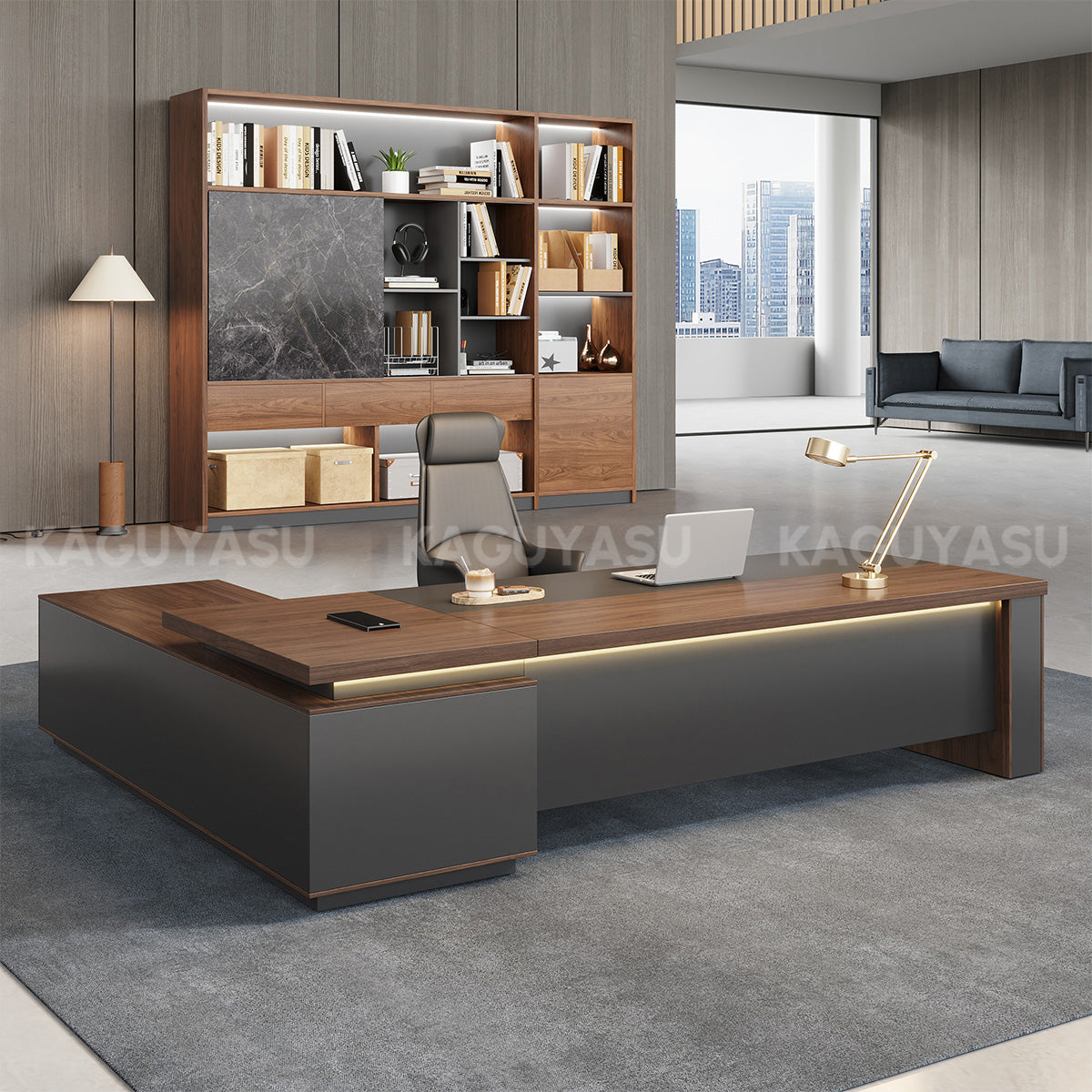 オフィス用品 Dream L-Shaped Executive Desk with LED Lighting, Lockable & File Drawers for