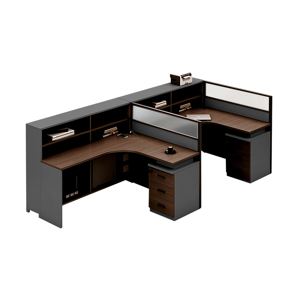 L-Shaped Office Desk with Built-In Outlets, Cable Management & Glass Top for Home Office