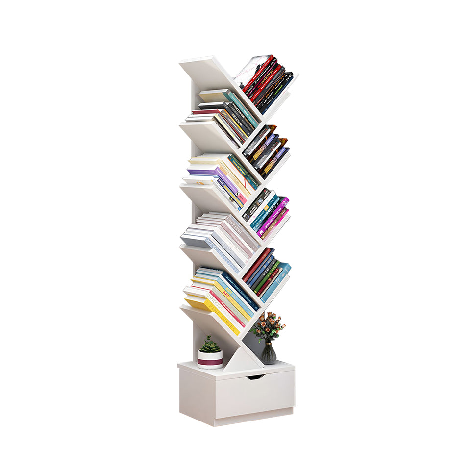 Compact Tree-Shaped Wooden Bookshelf with Vertical Storage, Wall-Aligned, Small Living Room Book Cabinet with Closed Door and Reinforced Support CWG-2181