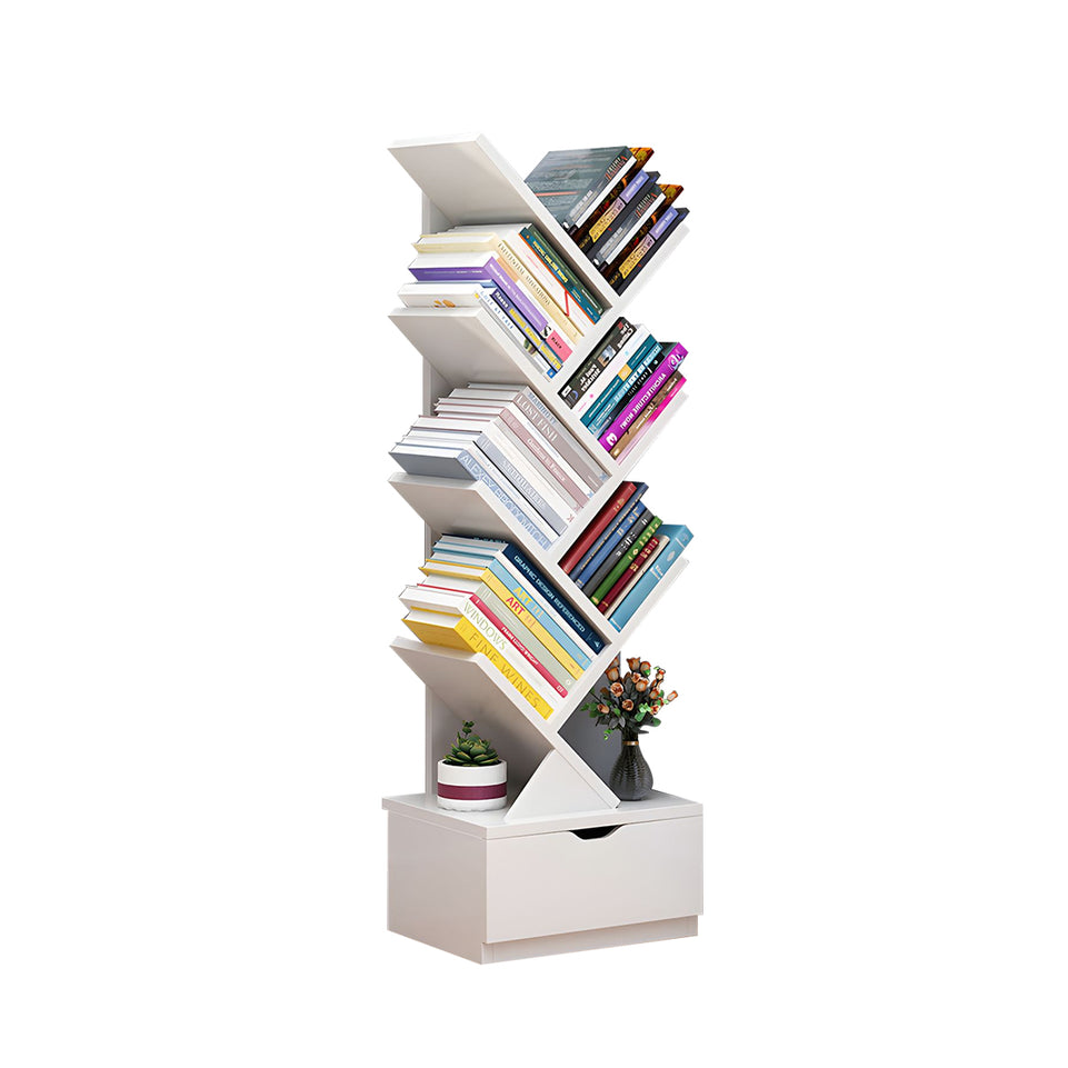 Compact Tree-Shaped Wooden Bookshelf with Vertical Storage, Wall-Aligned, Small Living Room Book Cabinet with Closed Door and Reinforced Support CWG-2181