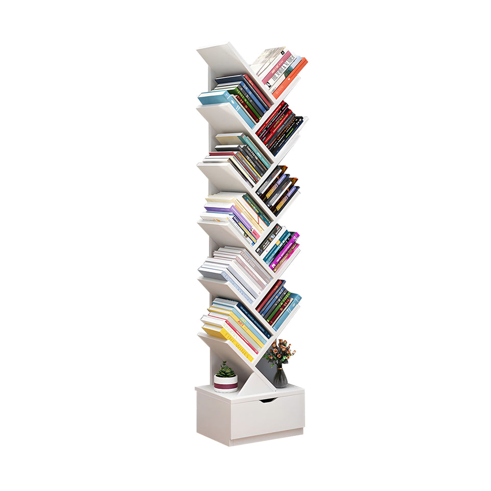 Compact Tree-Shaped Wooden Bookshelf with Vertical Storage, Wall-Aligned, Small Living Room Book Cabinet with Closed Door and Reinforced Support CWG-2181