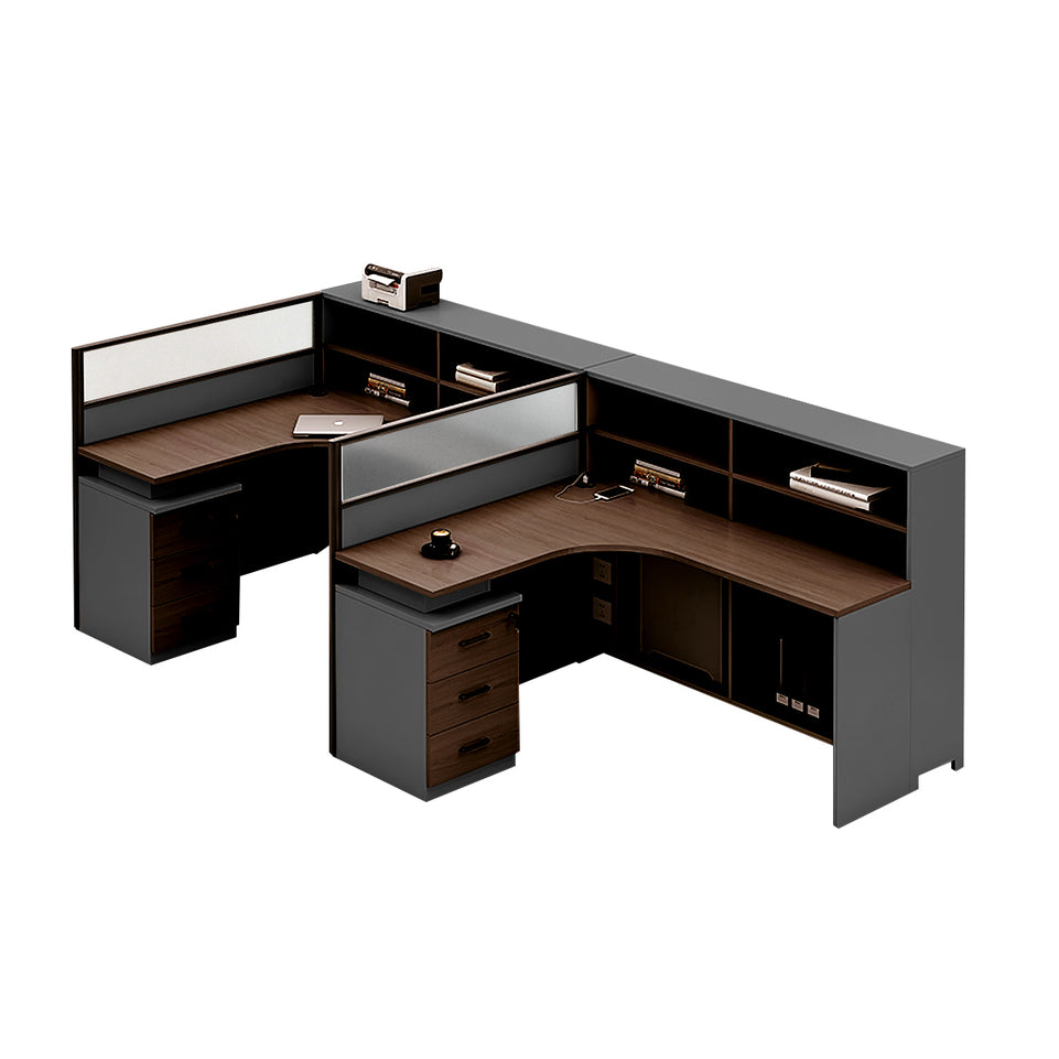 L-Shaped Office Desk with Built-In Outlets, Cable Management & Glass Top for Home Office