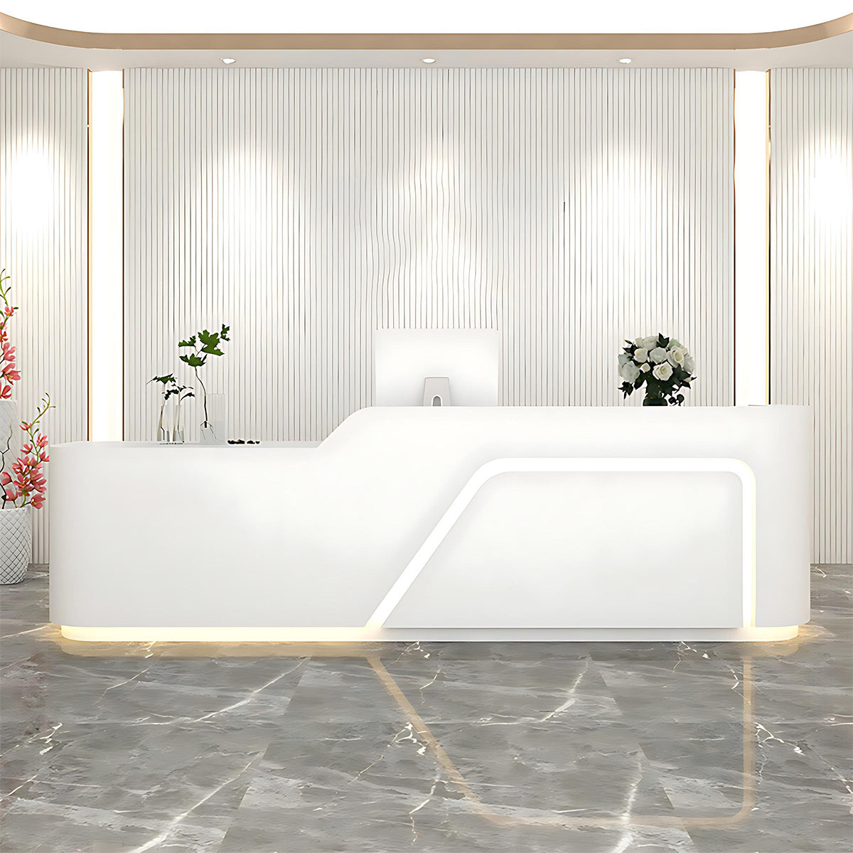 Corner Arc-Edge Straight Minimalist Reception Desk With Keyboard Tray, Cabinets, And Drawers For Hotels JDT-1074