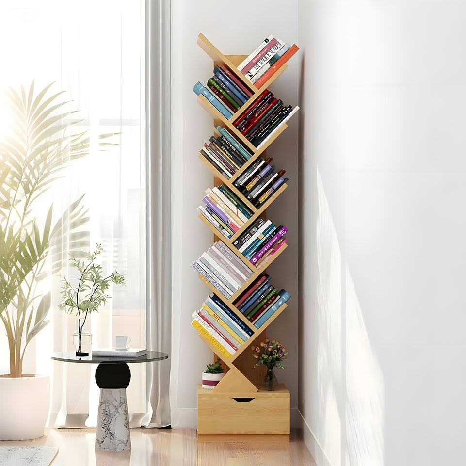 Compact Tree-Shaped Wooden Bookshelf with Vertical Storage, Wall-Aligned, Small Living Room Book Cabinet with Closed Door and Reinforced Support CWG-2181