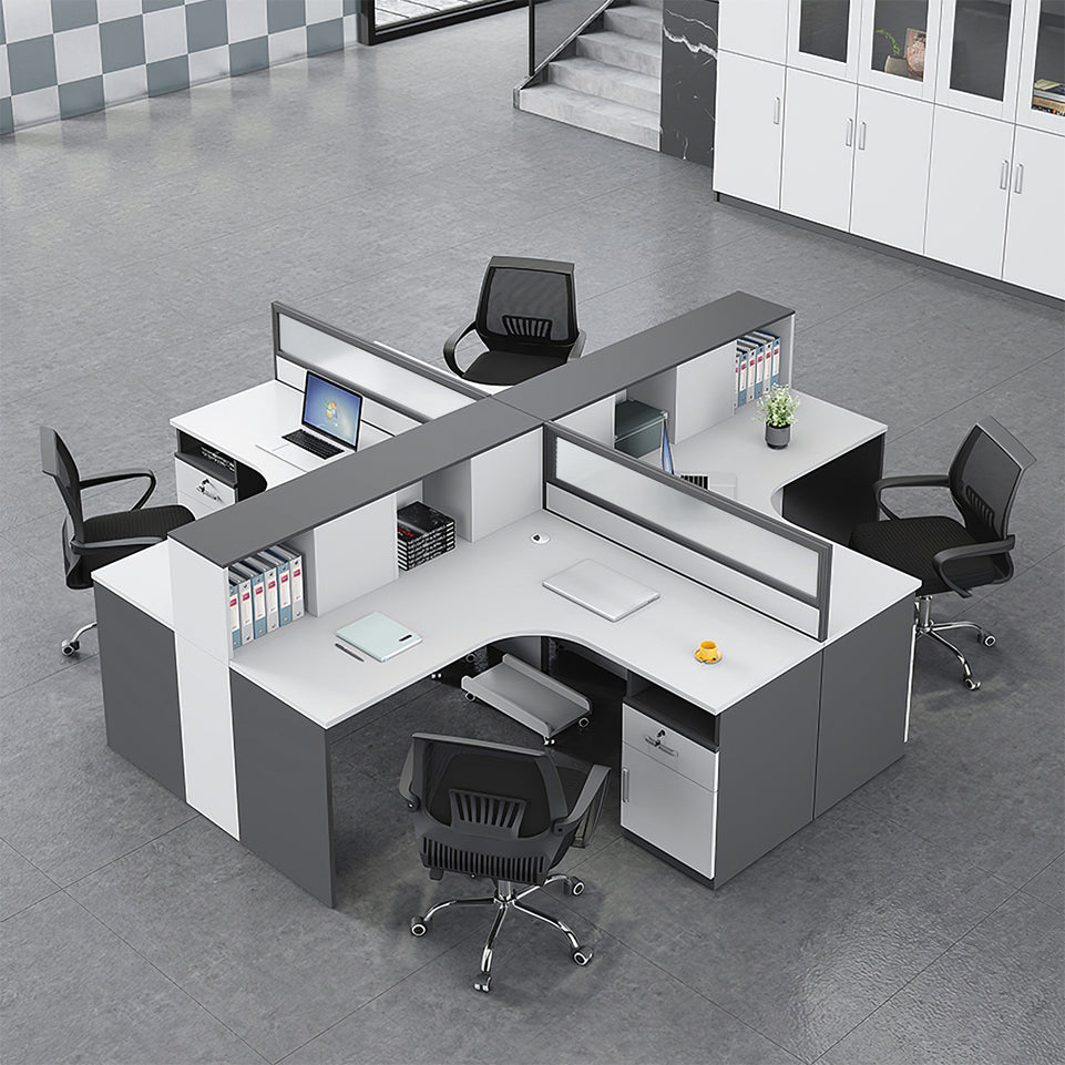 Office Workstation Desk with Privacy Panel, Cable Management & Glass Top for Home Office