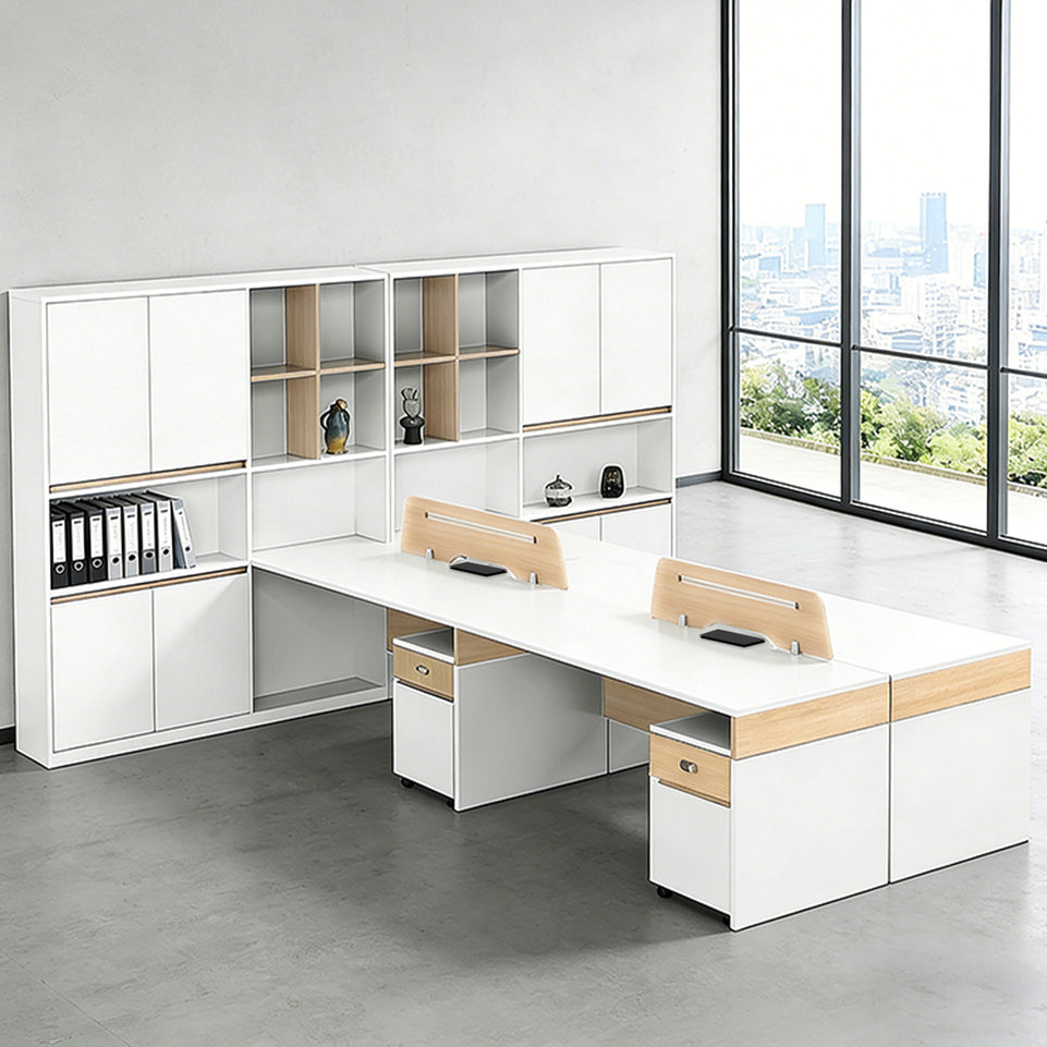L-Shaped Reception Desk with Built-In Outlets, Cable Management & Side Storage for Retail
