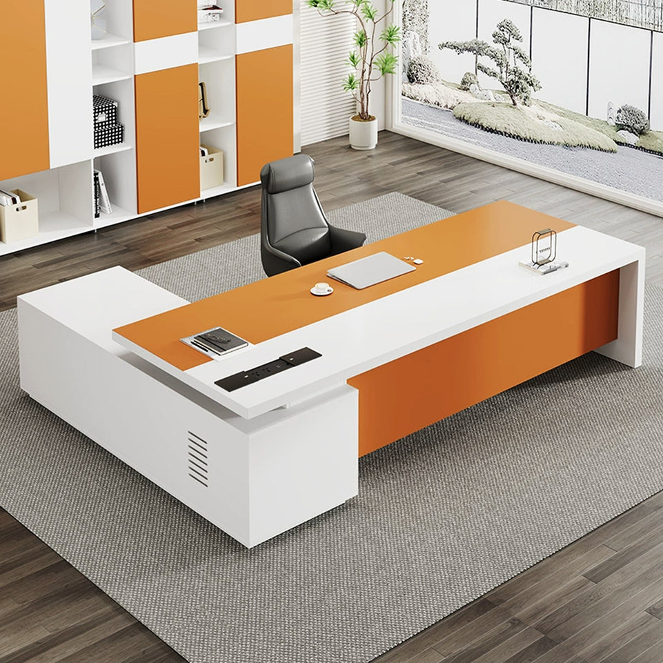 Striking Orange Executive Desk With Thickened Top, Side Storage And Hidden Multimedia Outlets LBZ-2177