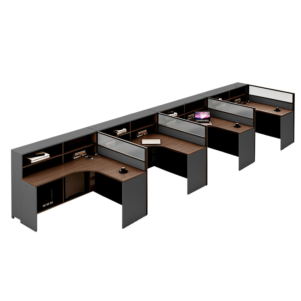 L-Shaped Office Desk with Built-In Outlets, Cable Management & Glass Top for Home Office