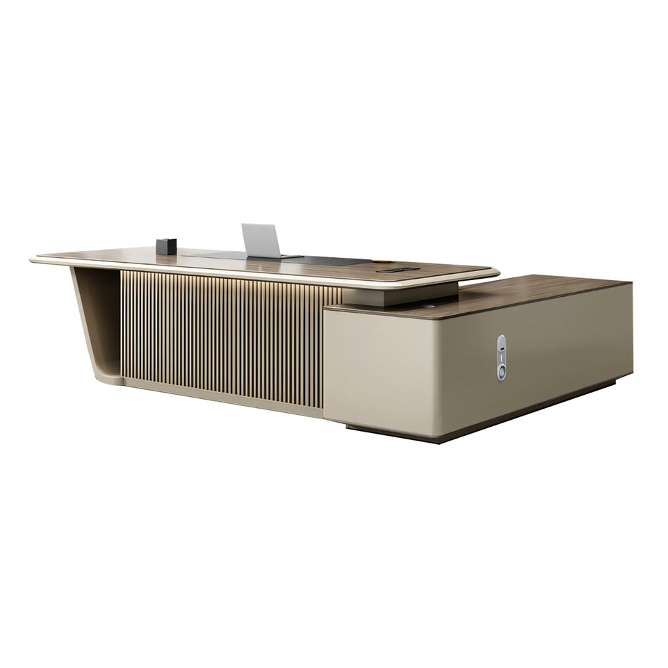 Luxury Executive Desk With Boat-Shaped Edge Modern Office Furniture L-Shape Corner Desk with Side Cabinet Dial Lock Customizable LBZ-10105