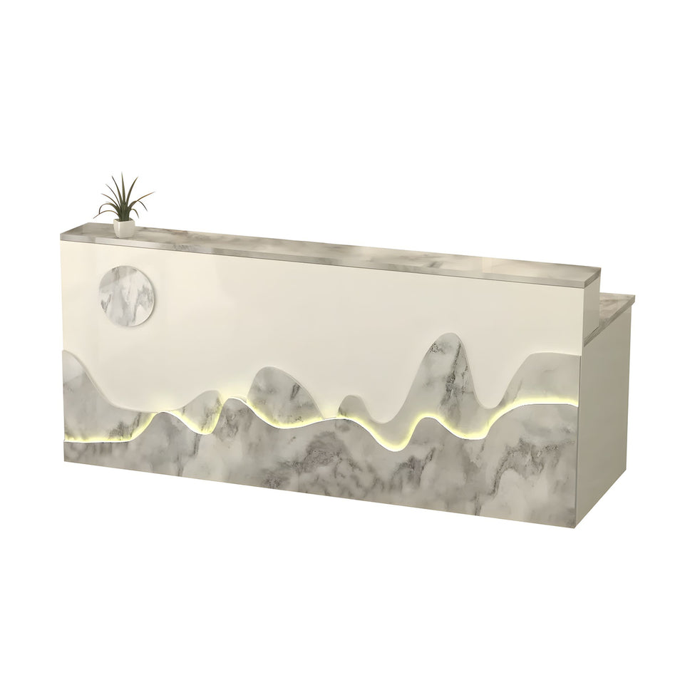Mountain Pattern Straight Front Desk with Double-Tiered Countertop and Keyboard Tray for Offices and Lobbies JDT-10141