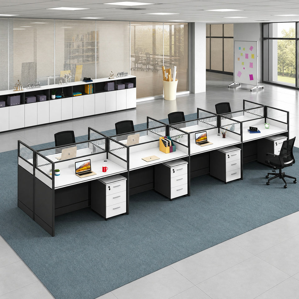 Modern Office Desk with 1" Thick Desktop, Frosted Privacy Panel, Integrated Cable Management & Mobile Storage Cabinet for Professional Workspaces