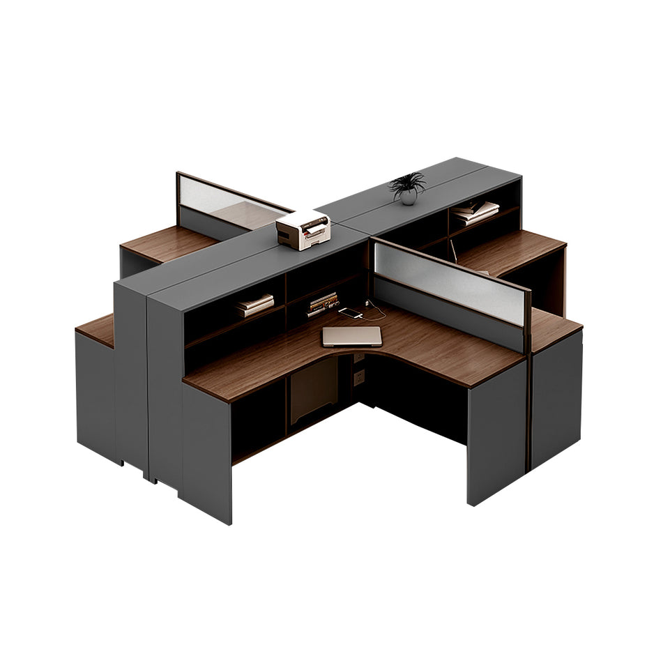 L-Shaped Office Desk with Built-In Outlets, Cable Management & Glass Top for Home Office