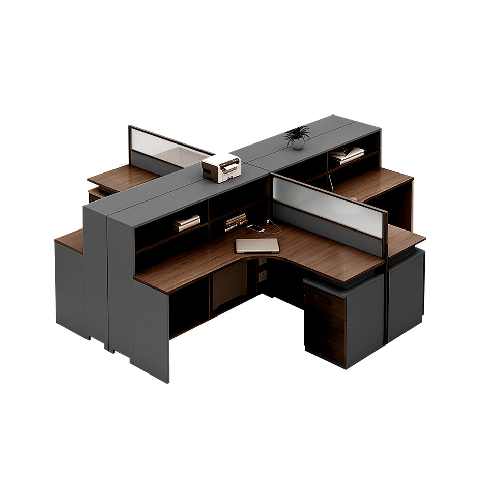 L-Shaped Office Desk with Built-In Outlets, Cable Management & Glass Top for Home Office