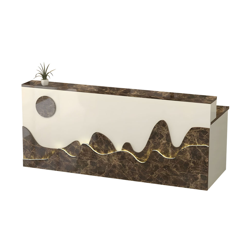 Mountain Pattern Straight Front Desk with Double-Tiered Countertop and Keyboard Tray for Offices and Lobbies JDT-10141