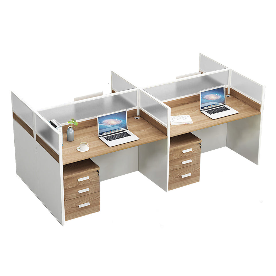 L-Shaped Office Desk with Privacy Panel, Glass Top & File Drawers for Home Office