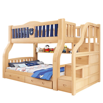 Solid Wood Kids' Natural Color Bunk Bed with Built-in Bookshelf(Stock Items) (In Stock)