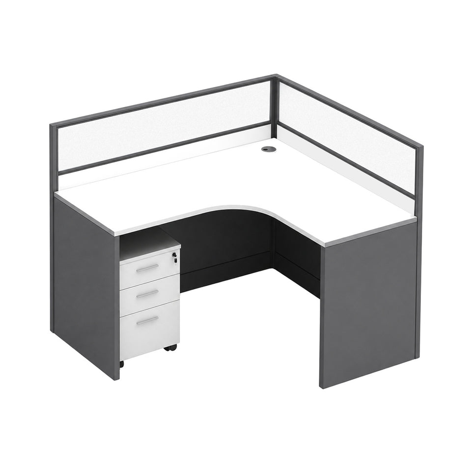 Modern Office Desk with 1" Thick Desktop, Frosted Privacy Panel, Integrated Cable Management & Mobile Storage Cabinet for Professional Workspaces