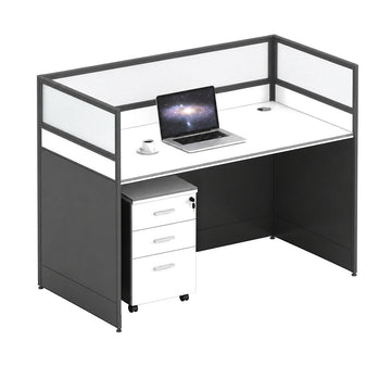 Modern Office Desk with 1" Thick Desktop, Frosted Privacy Panel, Integrated Cable Management & Mobile Storage Cabinet for Professional Workspaces