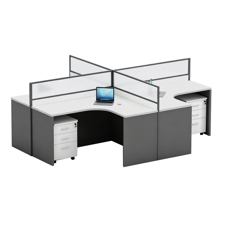 Modern Office Desk with 1" Thick Desktop, Frosted Privacy Panel, Integrated Cable Management & Mobile Storage Cabinet for Professional Workspaces