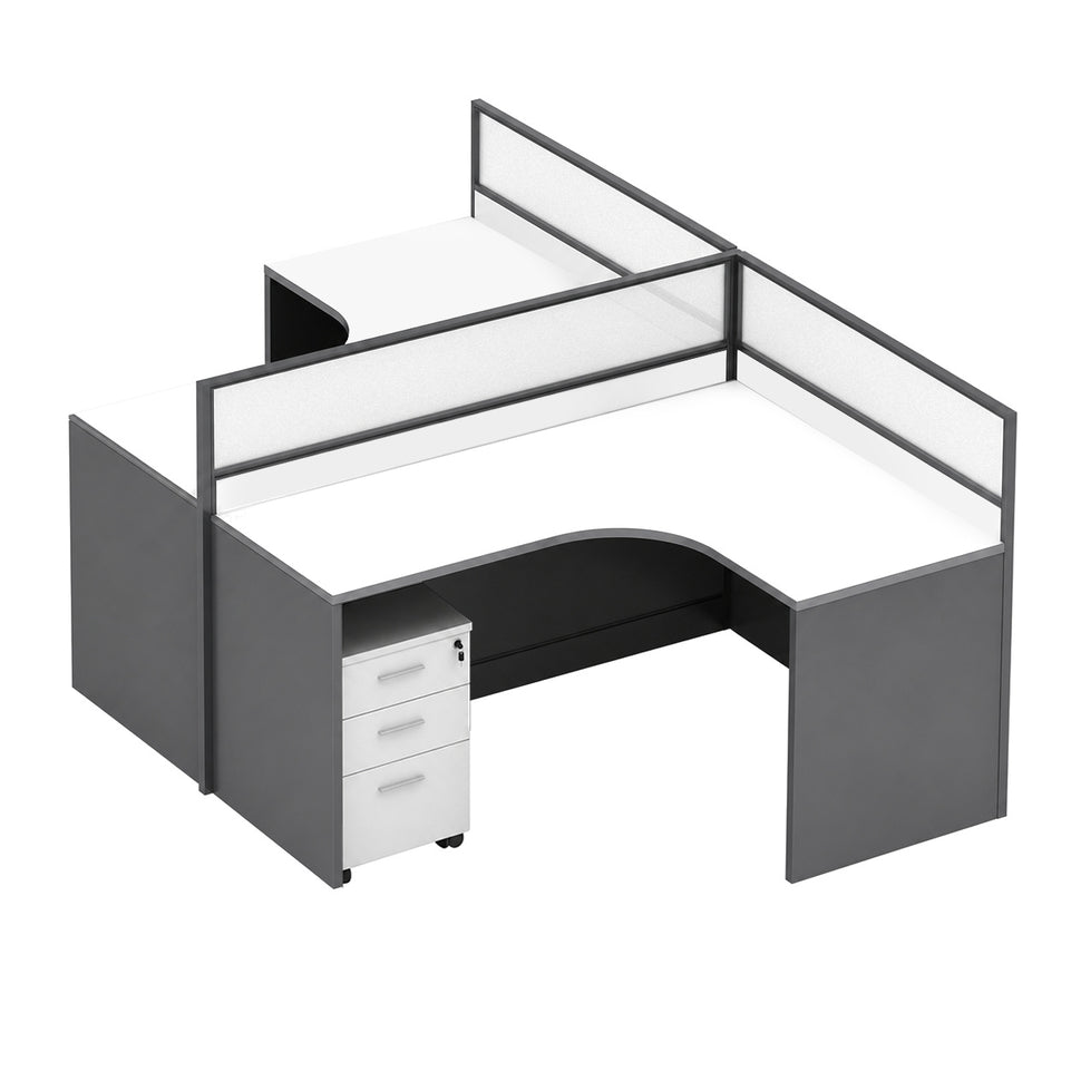 Modern Office Desk with 1" Thick Desktop, Frosted Privacy Panel, Integrated Cable Management & Mobile Storage Cabinet for Professional Workspaces