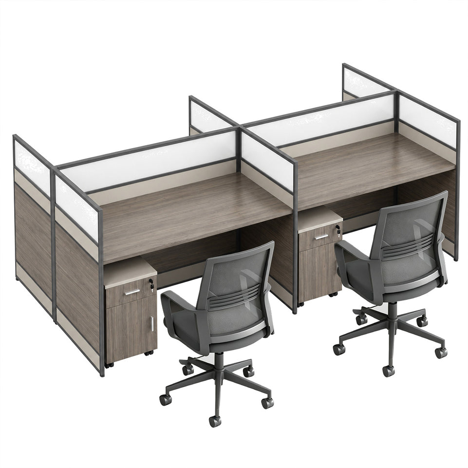 Modern Office Workstation Desk with 1" Thick Desktop, Frosted Privacy Panel, USB Ports & Mobile Pedestal Storage Cabinet