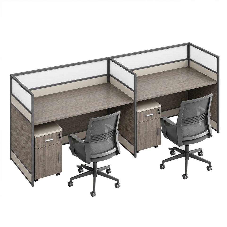 Modern Office Workstation Desk with 1" Thick Desktop, Frosted Privacy Panel, USB Ports & Mobile Pedestal Storage Cabinet
