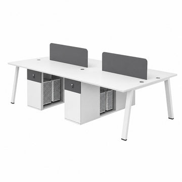 Modular Four-person Office Workstation Desk with Privacy Panel, Hidden Cable Management & Lockable Storage Cabinet for Team Workspaces