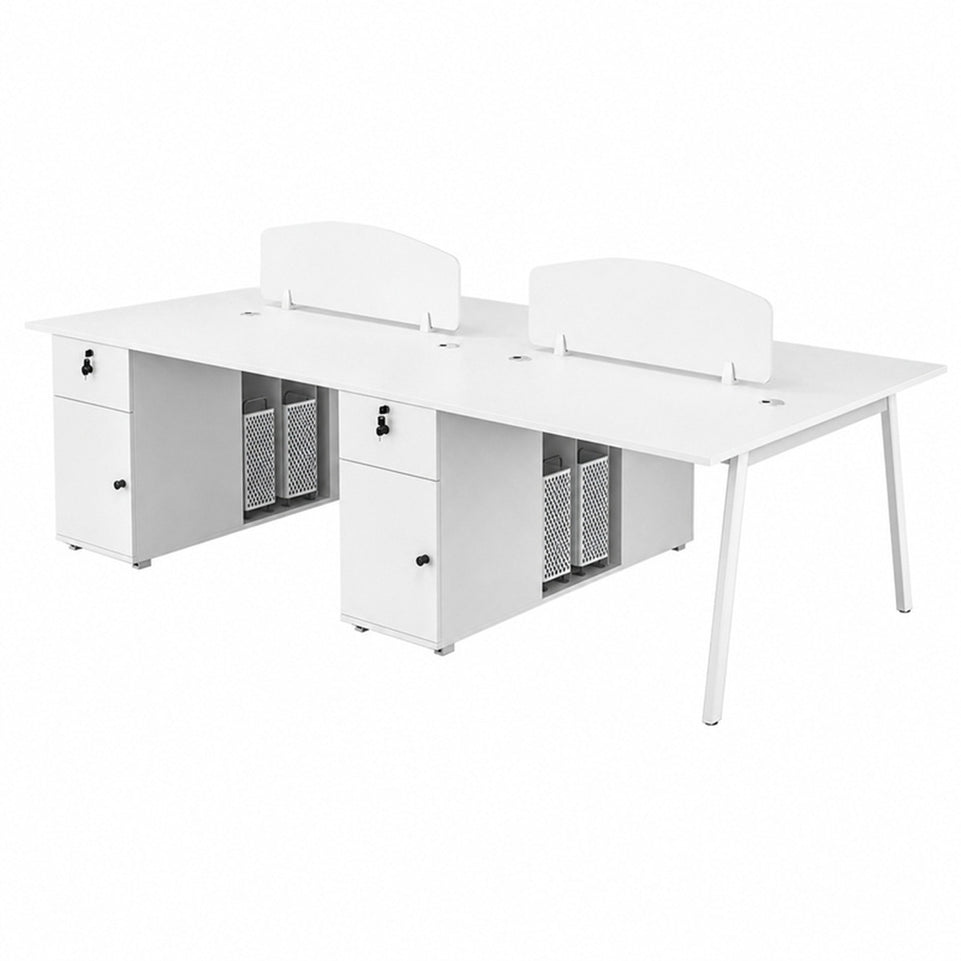 Modular Four-person Office Workstation Desk with Privacy Panel, Hidden Cable Management & Lockable Storage Cabinet for Team Workspaces