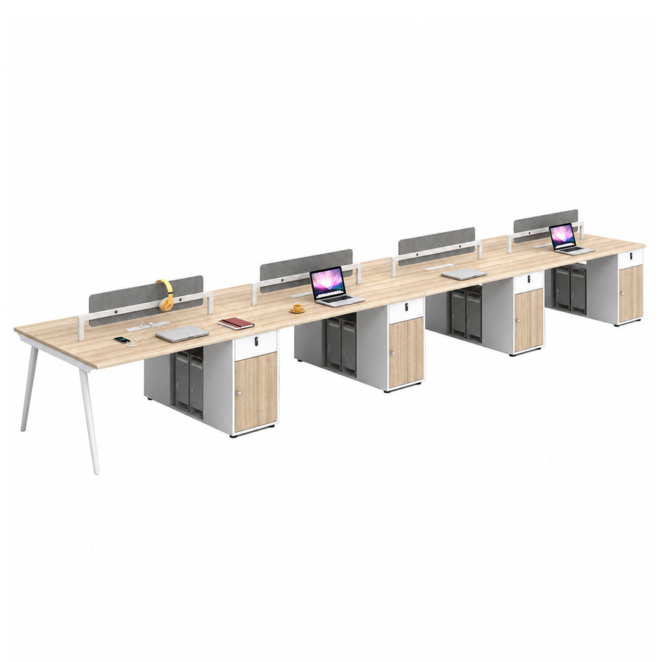 Modern Office Workstation Desk with Fabric Acoustic Privacy Panel, Adjustable Leveling Feet, Built-in Power Outlets & Large Storage Cabinet for 4–6 Person Workspaces