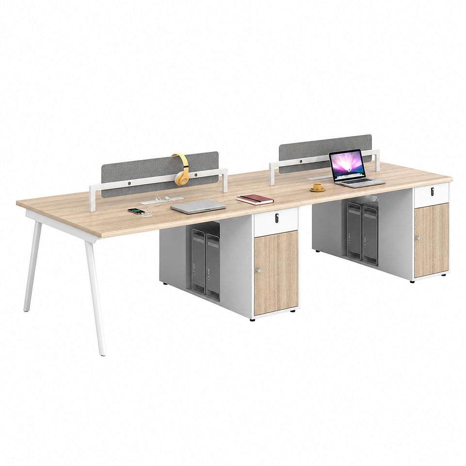 Modern Office Workstation Desk with Fabric Acoustic Privacy Panel, Adjustable Leveling Feet, Built-in Power Outlets & Large Storage Cabinet for 4–6 Person Workspaces