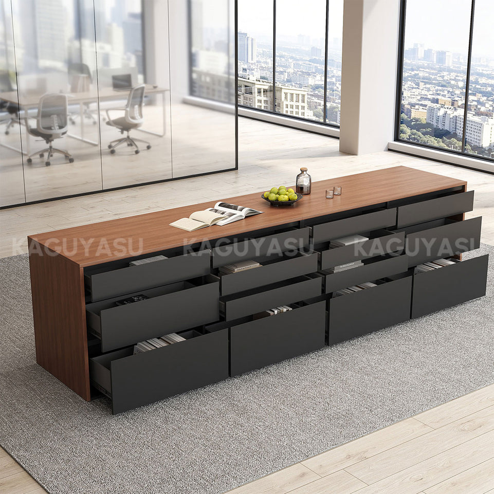 Elegant 142" L Large Storage Cabinet with Rear Pull-out Storage Compartments & Bottom Storage Cabinets for Kitchen, Dining Areas, Office & Bar Spaces