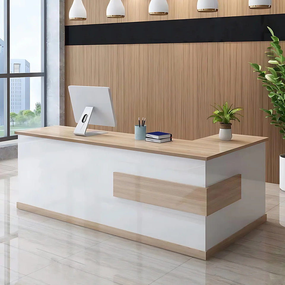 L-Shaped Front Desk with Lockable Drawers and Storage Cabinet for Offices JDT-10108(In Stock)