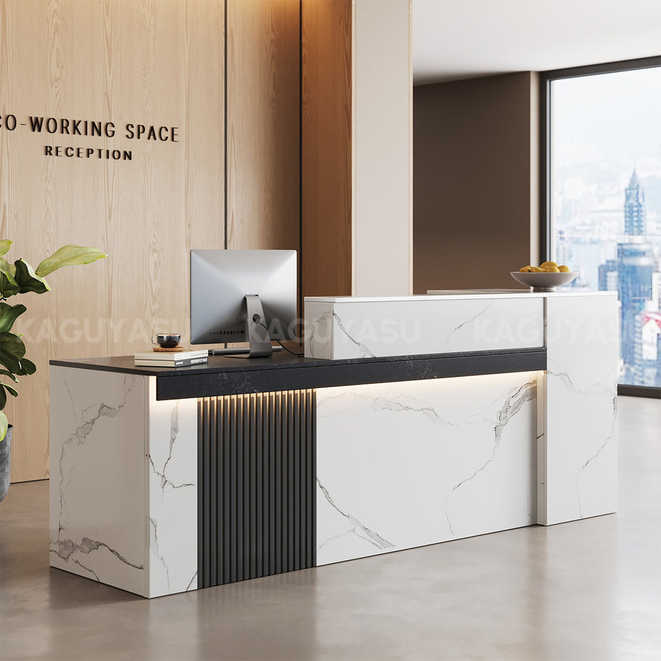 Marble-Look Reception Desk with LED Lighting, Power Outlet and Ample Storage