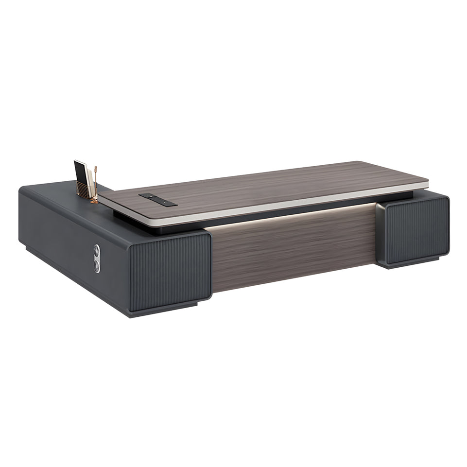 Modern Executive Desk with Cable Management, Curved & Built-In Outlets for Home Office