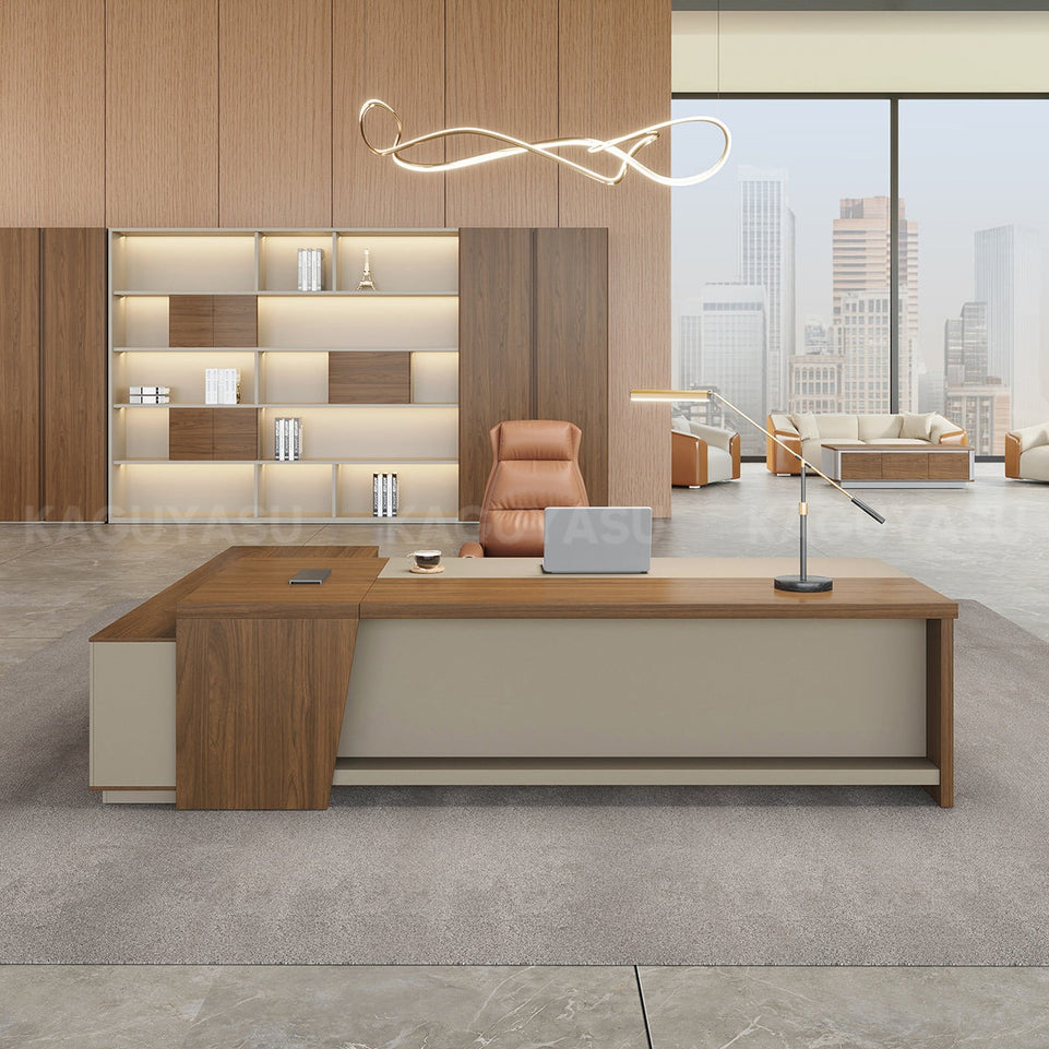 Elegant and Minimalist L-Shaped Executive Desk with Thick Desktop and Spacious Side Cabinet LBZ-2142