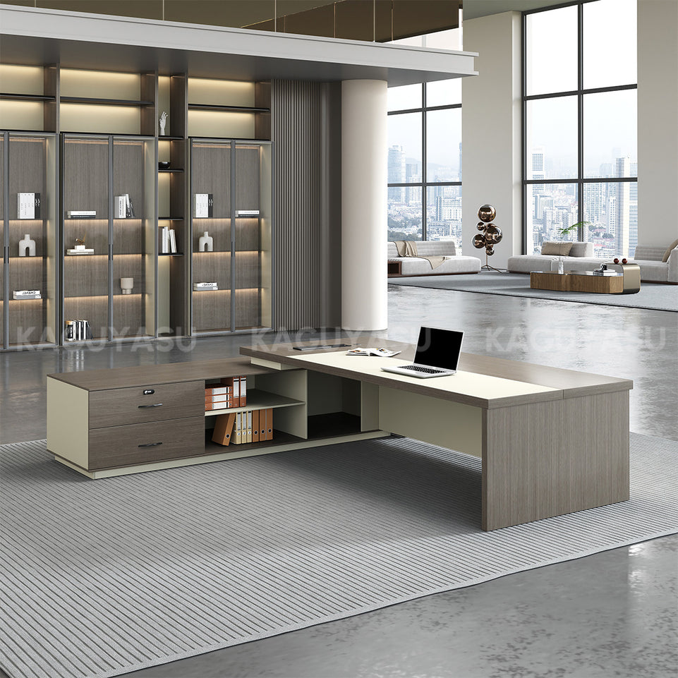L-Shaped Executive Desk with LED Lighting, Side Storage & Cable Management for Home Office