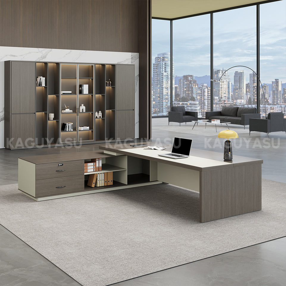 Modern L-Shaped Executive Desk with Large Side Cabinet and LED Lighting LBZ-2142N (In Stock)