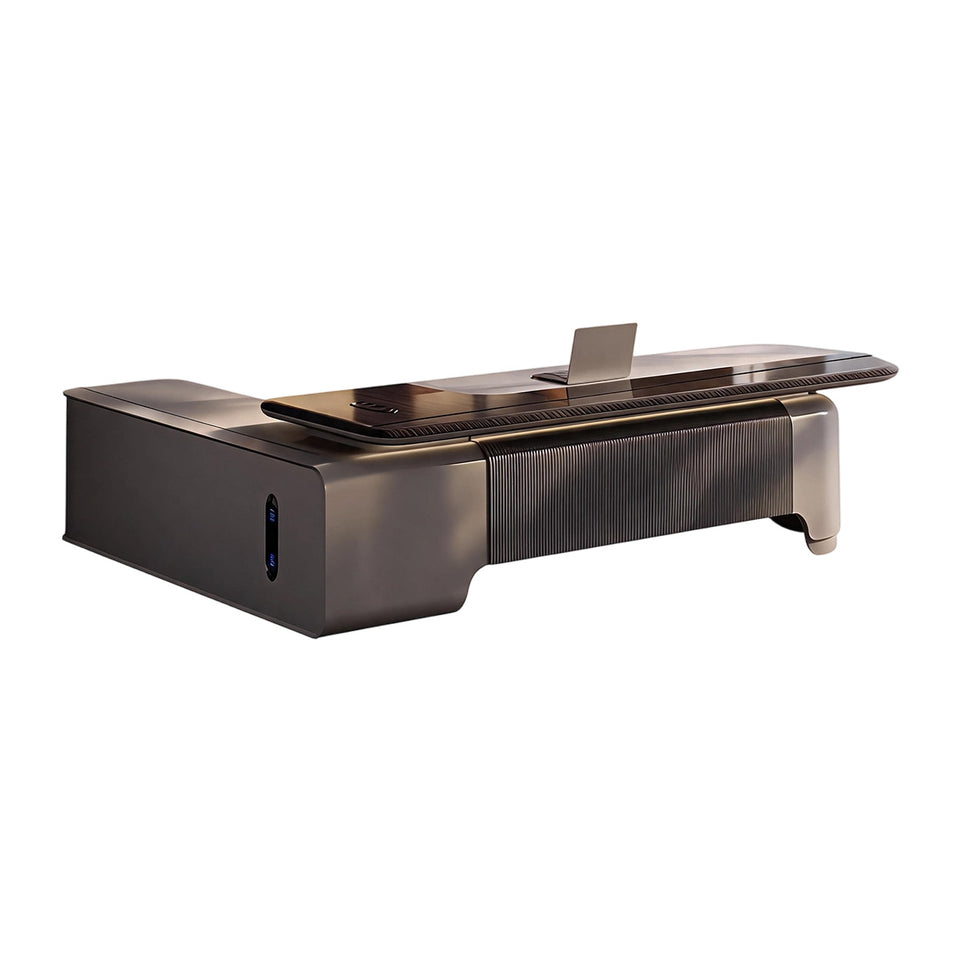 Modern 94"–138" L Executive Desk with Eco-friendly Material, Hidden Rotating Power Outlet, Dual-side Lockable Storage Cabinets for Executive Offices