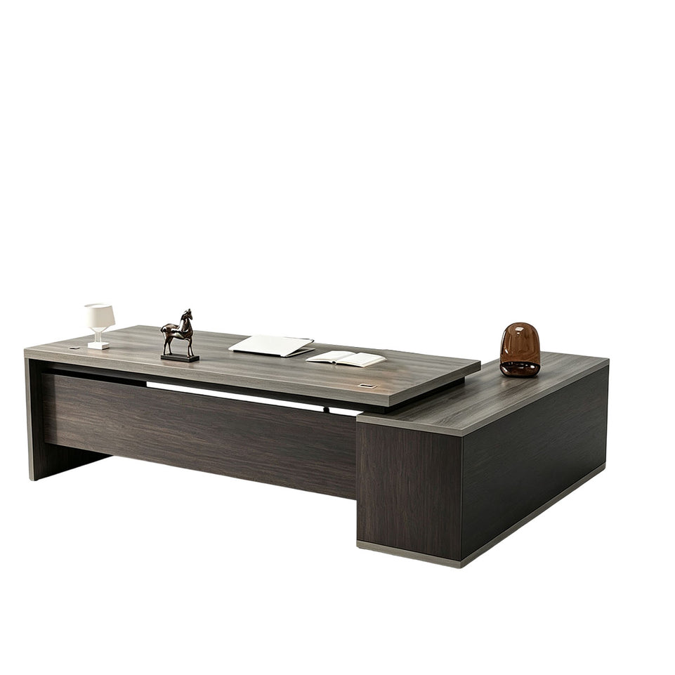 Elegant 55"–79" L Executive Desk with Thick Durable Desktop, Precision Edge Banding, Smart Cable Management, Large Storage Cabinet for Professional Offices