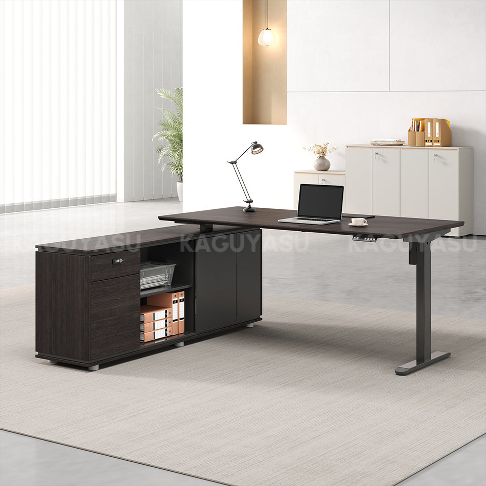 Electric Height-Adjustable Executive Desk with Power Outlet and Side Storage Cabinet