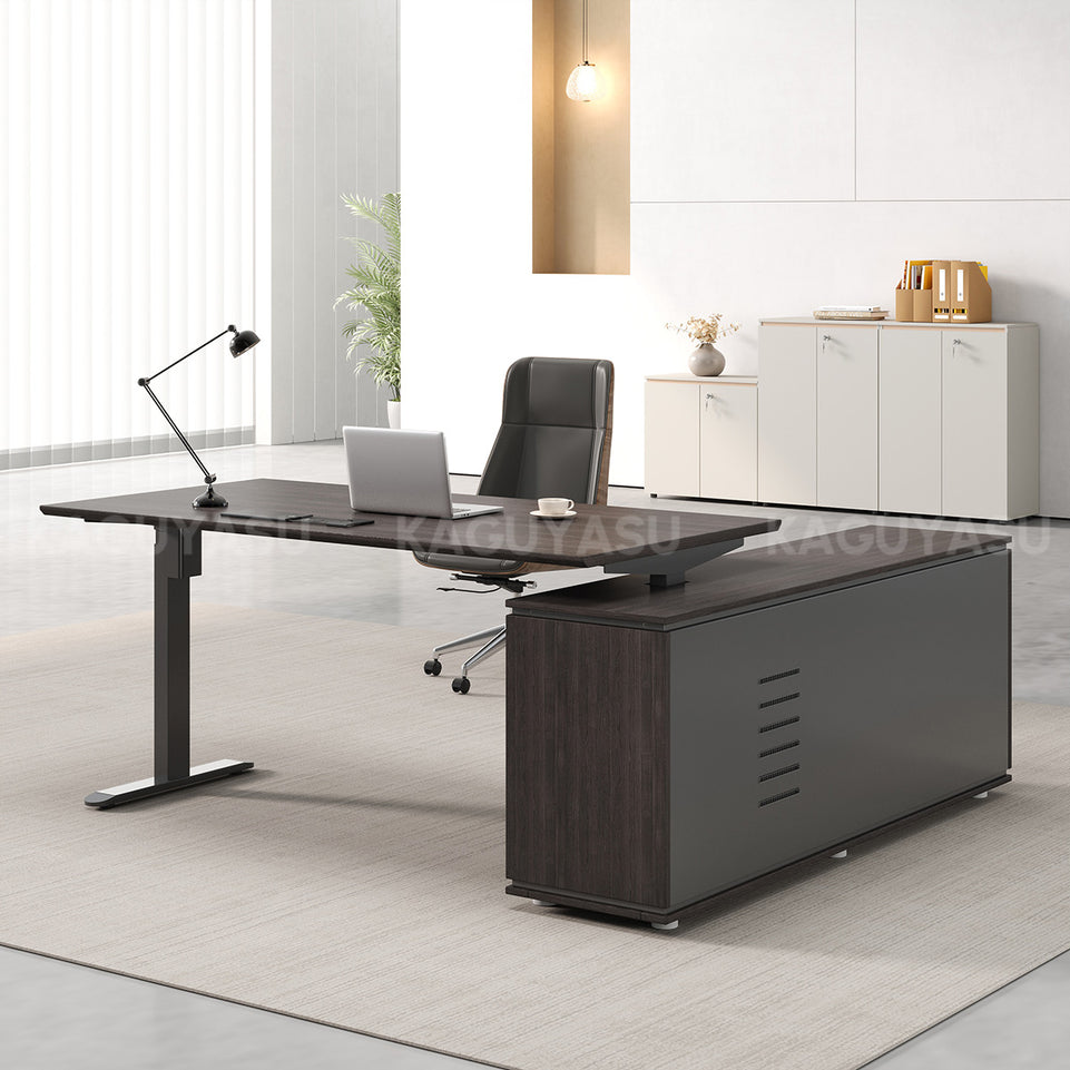 Electric Height-Adjustable Executive Desk with Power Outlet and Side Storage Cabinet