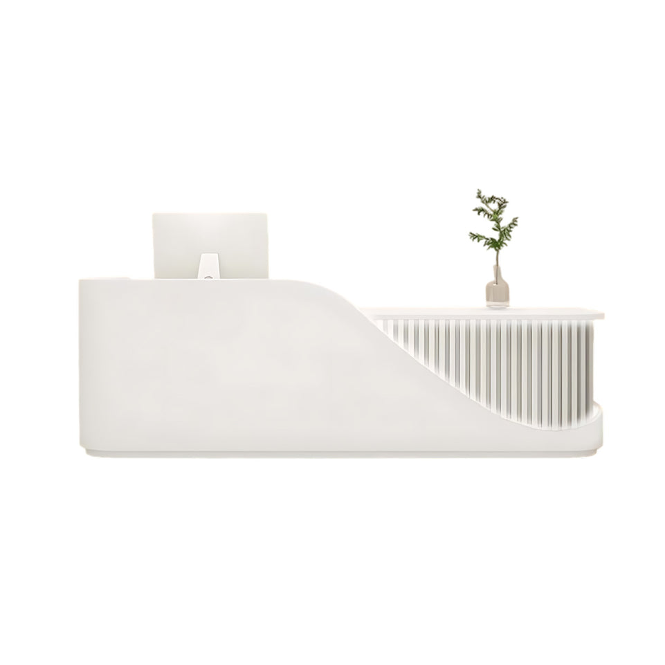 Modern Reception Desk with Dual-level Countertop, Rounded Safety Corners, Silent Keyboard Tray, Custom Logo Option & Spacious Storage Cabinet for Commercial Spaces